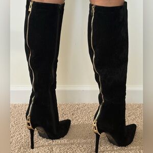 Ariz Scene by Shoe Dazzle Black Suede Stiletto Boots with Gold Zipper